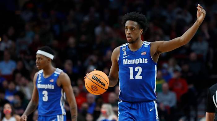 Memphis forward DeAndre Williams (12) reacts during the second half of a first round NCAA college basketball tournament game against Boise State, Thursday, March 17, 2022, in Portland, Ore. Memphis won 64-53.